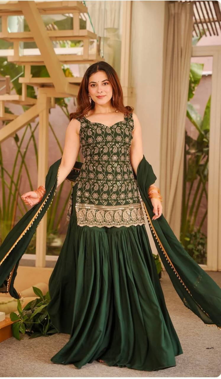 Deep Ruby Floral-Embroidered Silk Set